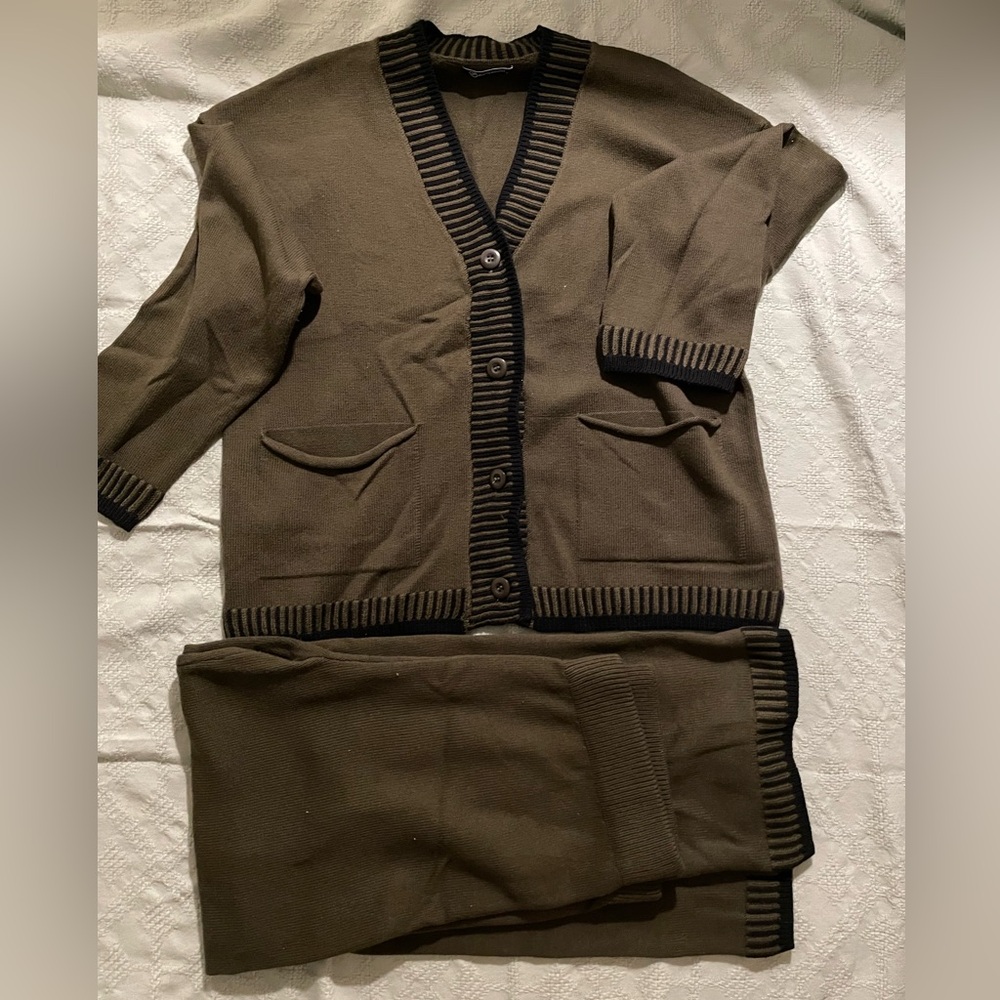 Olive Green Knit Cardigan and Skirt Set with Contrast Trim